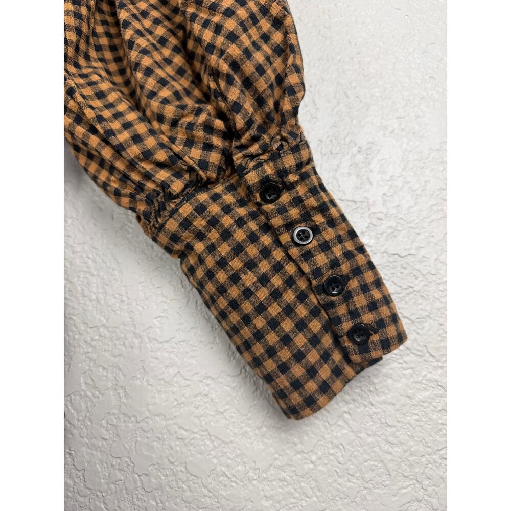 Zara Plaid Puff Sleeve Bodycon Mini Dress S Brown Ruched Balloon Sleeve Draped - Picture 5 of 10